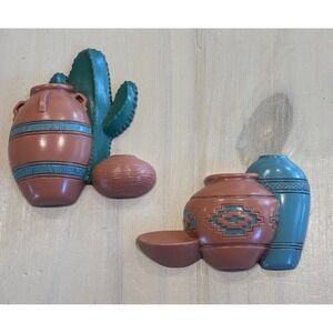 Vintage Burwood 1991 Southwestern Cactus Pottery Wall Hanging Decor Set 3139 USA
